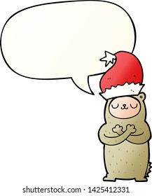 cartoon bear wearing christmas hat with speech bubble in smooth gradient style