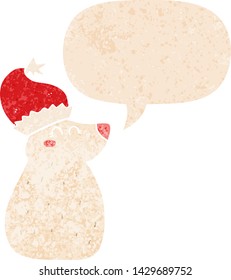cartoon bear wearing christmas hat with speech bubble in grunge distressed retro textured style