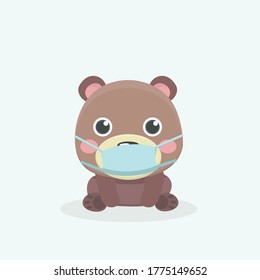 Cartoon bear wearing face mask. Animal illustration.