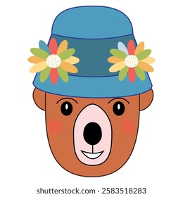 Cartoon bear wearing a hat with colorful flowers. Vector illustration.