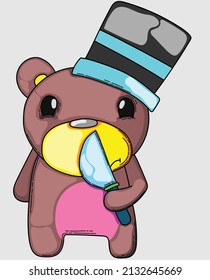 cartoon bear wearing hat standing holding a knife