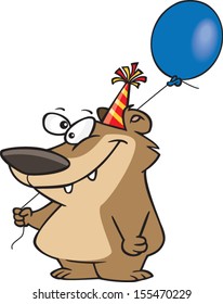 Cartoon bear wearing a party hat and holding a balloon