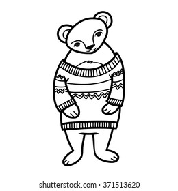 Cartoon bear wearing pullover. Coloring black and white.