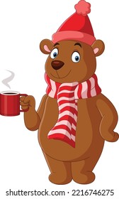 Cartoon bear wearing scarf and hat holding hot coffee