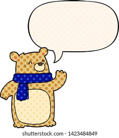 cartoon bear wearing scarf with speech bubble in comic book style