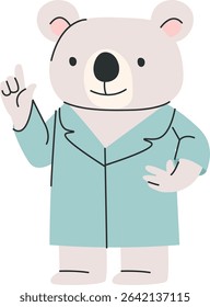 A cartoon bear wearing a suit raises one finger in a friendly gesture. The character stands confidently with a smile and a hand on its hip. Cartoon vector illustration.