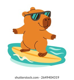 A cartoon bear is wearing sunglasses and a yellow surfboard. The bear is smiling and he is enjoying himself as he rides the wave