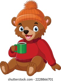 Cartoon bear wearing sweater and hat holding hot coffee