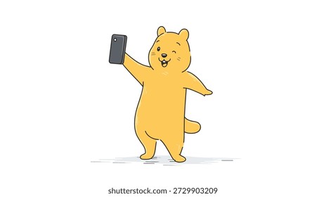 A cartoon bear winks while taking a selfie with a smartphone against a white background