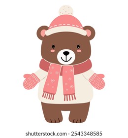 Cartoon bear in winter clothes. Illustration with hand drawn doodle bear. Thickly clothed pet. 