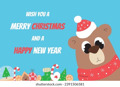 Cartoon bear wish you Merry Christmas, Happy New Year postcard in y2k style. Concept illustration for  greeting card, banner, flyers, websites, poster. Vector