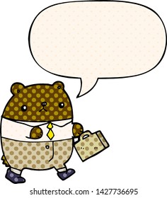 oso de dibujos animados vestido de ropa de trabajo con burbuja de habla al estilo de un libro de historietas