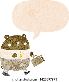 cartoon bear in work clothes with speech bubble in grunge distressed retro textured style