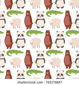 Cartoon bear zoo animals character different sheep crocodile panda pose vector seamless pattern background