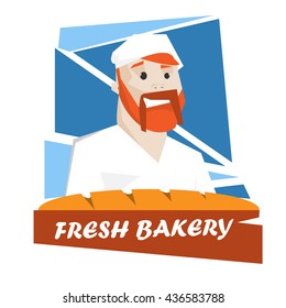 Cartoon beard man face. Fresh bakery concept vector emblem.