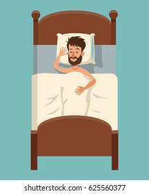 cartoon beard man sleep covered blanket in bed