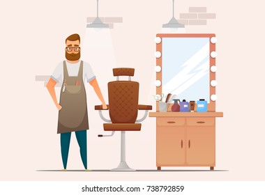 Cartoon bearded barber at workplace in barbershop staying near chair. vector illustration