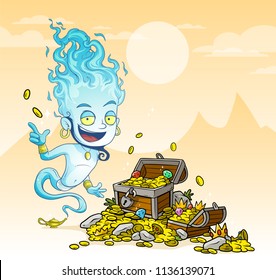 Cartoon bearded blue jinn character with lamp and treasure chest with diamonds, gold coins and gems. On yellow mountains background.