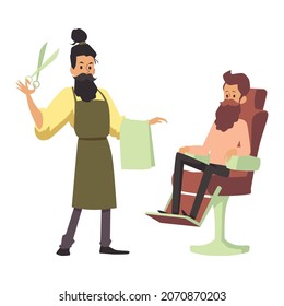 Cartoon bärtige Zeichen von Barbier mit Schere und Handtuch und Klient sitzen im Stuhl. Friseur, Friseur, Hygiene und Haarpflege im Friseur-Salon. Flache Vektorgrafik