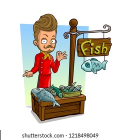 Cartoon bearded chef cook character and fresh fish vendor booth or shop market with text sign. Vector icon for game.