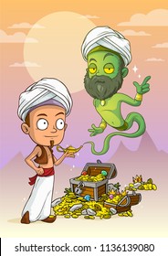 Cartoon bearded green jinn and arabian boy character with lamp and treasure chest with diamonds, gold coins and gems. On violet mountains background.