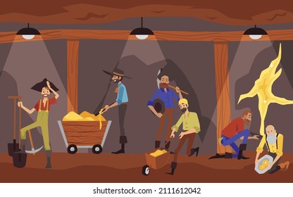 Cartoon bearded, happy men, gold diggers work in gold mine with variety of tools. Prospectors have found goldmine and are developing it in wild west. Vector illustration in flat style