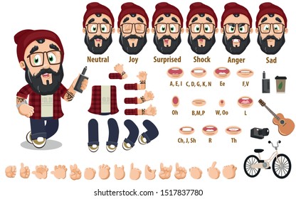 Cartoon bearded hipster constructor for animation. Parts of body: legs, arms, face emotions, hands gestures, lips sync. Full length, front, three quater view. Set of ready to use poses, objects.