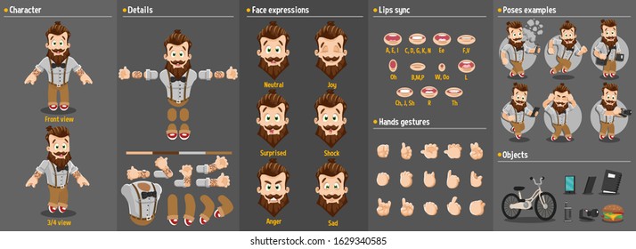Cartoon bearded hipster constructor for animation. Parts of body: legs, arms, face emotions, hands gestures, lips sync. Full length, front, three quater view. Set of ready to use poses, objects.
