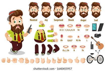 Cartoon bearded hipster constructor for animation. Parts of body: legs, arms, face emotions, hands gestures, lips sync. Full length, front, three quater view. Set of ready to use poses, objects.
