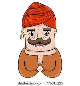 cartoon bearded Indian man with a gold earring, turban on the head utters a prayer. vector illustration