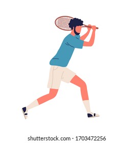 Cartoon bearded male professional big tennis player backhand smash hold racket vector flat illustration. Active man in sports apparel playing in receive position isolated on white background