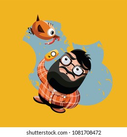 Cartoon bearded man with bird and fone on orange background. Stock vector illustration.