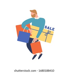 Cartoon bearded man carry box and shopping bag during seasonal sale vector flat illustration. Colorful male buyer enjoying discount holding purchase isolated on white. Shopaholic guy with package