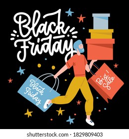 Cartoon bearded man carry boxes and shopping bags during Black friday sale. Colorful male buyer enjoying discount holding purchase.Shopaholic guy with package. Vector flat illustration with lettering.