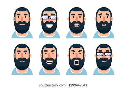 Cartoon bearded man character with various facial expressions. Vector illustration.