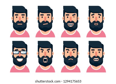 Cartoon bearded man character with various facial expressions. Vector illustration.