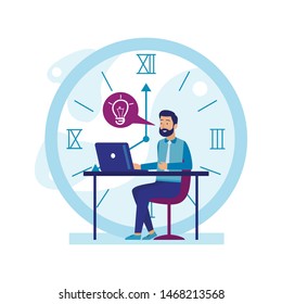 Cartoon Bearded Man Character Working on Laptop and Having Idea. Worker Sitting at Table with Huge Clock behind Back. Time Management, Plan Schedule, Deadline. Productivity. Vector Flat Illustration