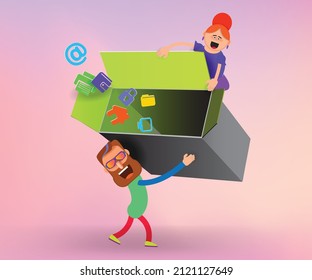 Cartoon bearded man holds a box with web icons on his hands. Vector banner