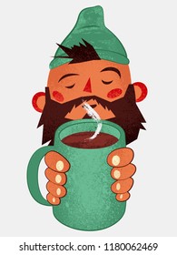 Cartoon bearded man holds a mug with a hot drink in his hands. Retro grunge vector illustration.