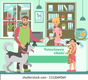 Cartoon bearded man with husky and girl with cat at reception in veterinary clinic. Pet owners brought medical card of animals. Pet owners brought medical card of animals.