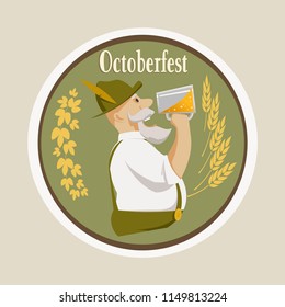 Cartoon bearded man in national dress drinking beer from a glass. Oktoberfest. Logo for beer.