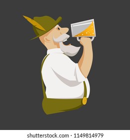 Cartoon bearded man in national dress drinking beer from a glass. Oktoberfest. Logo for beer.