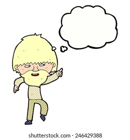 cartoon bearded man pointing and laughing with thought bubble