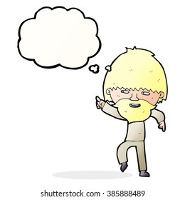 cartoon bearded man pointing and laughing with thought bubble