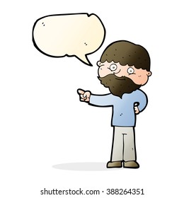 cartoon bearded man pointing with speech bubble