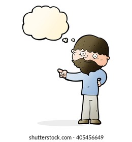 cartoon bearded man pointing with thought bubble