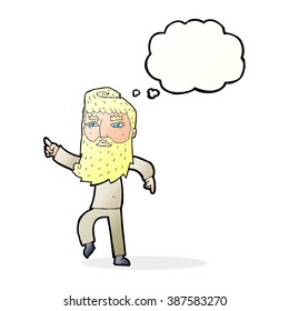 cartoon bearded man pointing the way with thought bubble