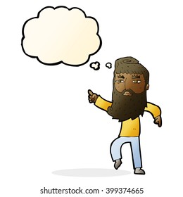 cartoon bearded man pointing the way with thought bubble