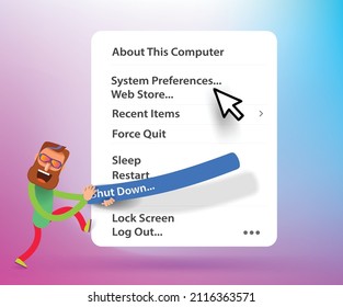 Cartoon bearded man presses the off button on the computer interface. Vector banner
