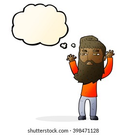 cartoon bearded man waving arms with thought bubble